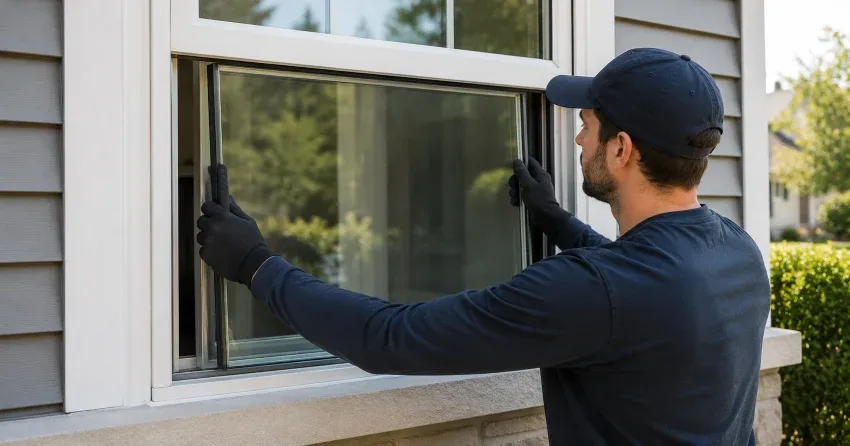 technician boarding up broken window during emergency glass repair Niagara Falls