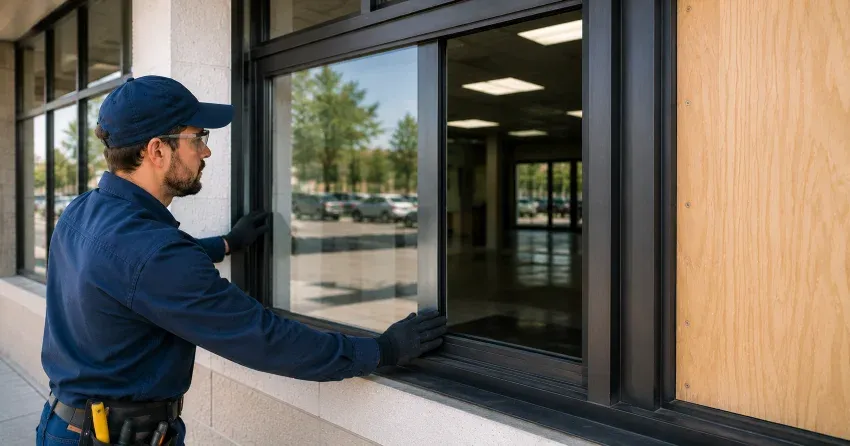 technician boarding a broken window after a break-in in Beaverdams, Niagara Falls