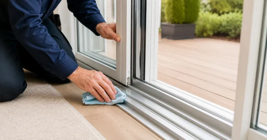 technician inspecting a sliding patio door track in Elgin, Niagara Falls