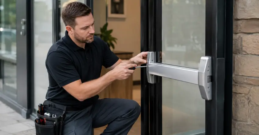commercial locksmith repairing exit device on storefront door Stamford Centre, Niagara Falls