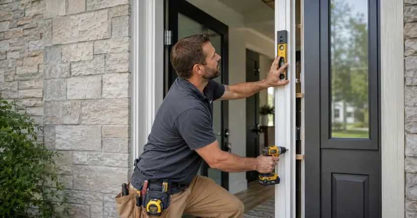 technician installing a new exterior door frame in Niagara Falls