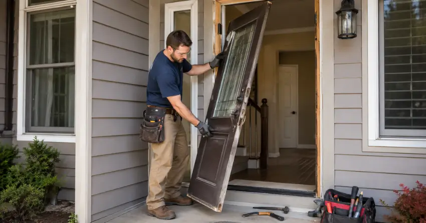 old exterior door being removed for replacement in Drummond Heights, Niagara Falls