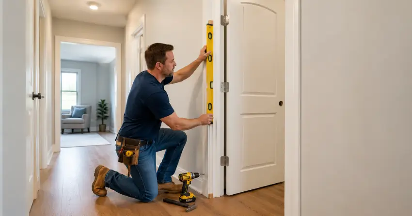 technician installing a pre-hung interior door in a home hallway Fallsview, Niagara Falls