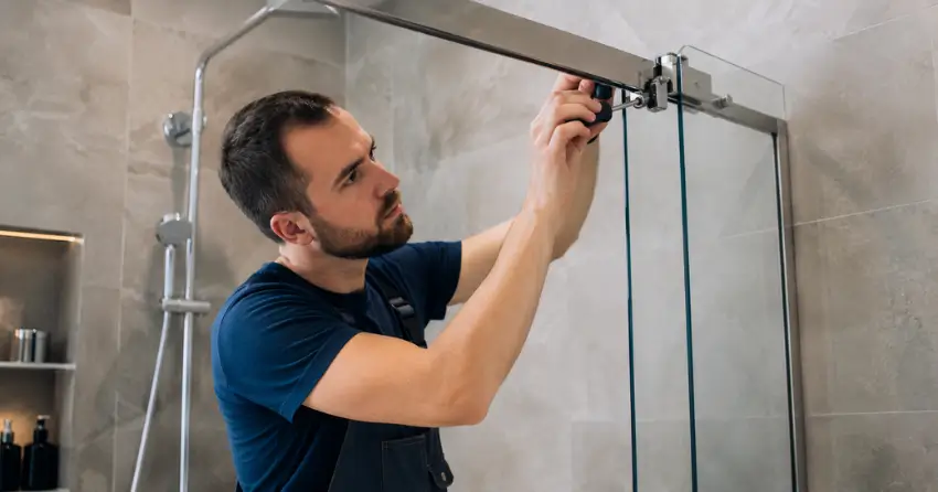 technician adjusting shower door hinge and track in Beaverdams, Niagara Falls