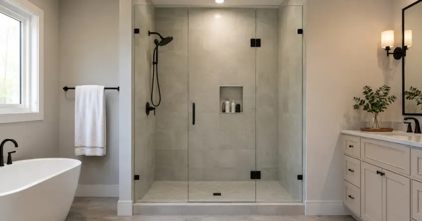 new frameless glass shower door installed in Queensway Gardens, Niagara Falls