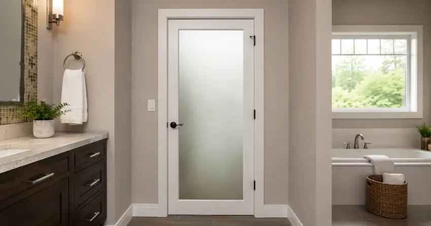 frosted glass panel bathroom door installed in a Queen Victoria, Niagara Falls home