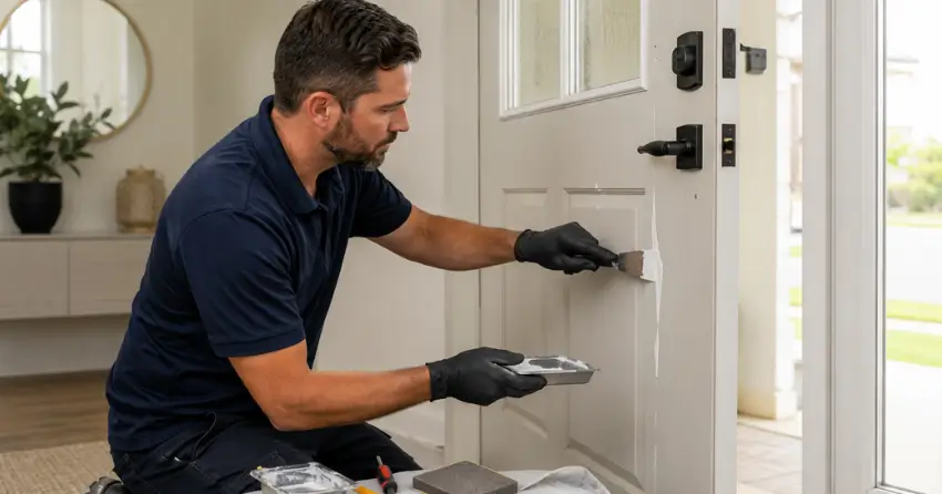 technician repairing fiberglass door surface crack in Beaverdams, Niagara Falls