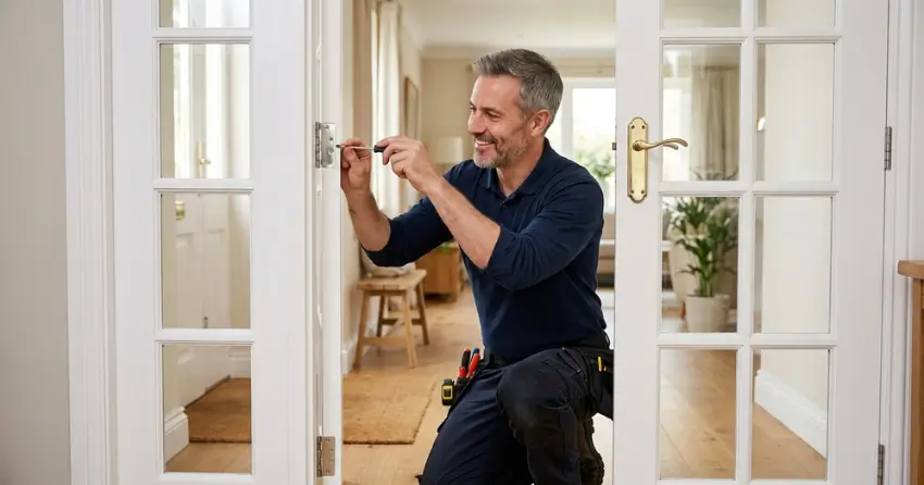 technician adjusting French door hinge for proper alignment in Chippawa, Niagara Falls
