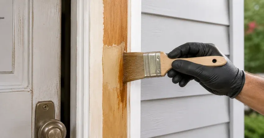 technician probing rotted wood on a door frame in Morrison, Niagara Falls
