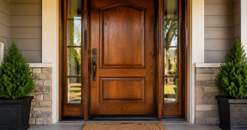 wood door mid-restoration showing stripped bare wood in Mount Carmel, Niagara Falls