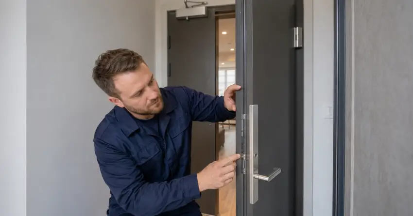 technician inspecting fire-rated door seal and hardware in Corwin, Niagara Falls