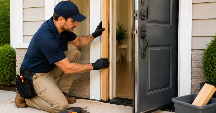 technician inspecting damaged door frame corner in Drummond Heights, Niagara Falls