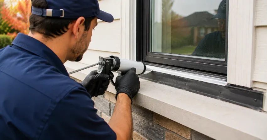 technician inspecting window flashing for leak source in North End, Niagara Falls