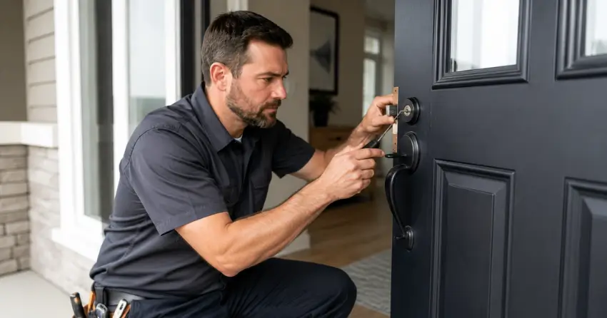 licensed locksmith technician working on residential deadbolt in Niagara Falls