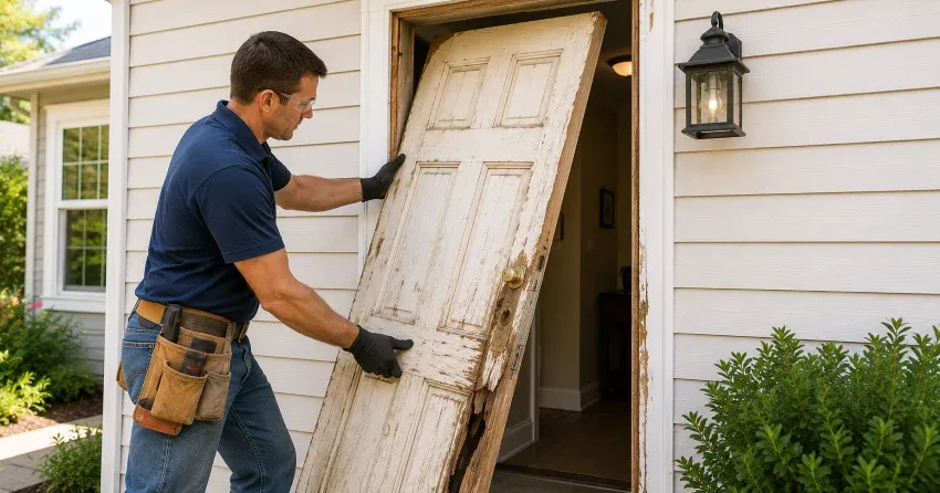 warped exterior door frame showing weather damage in Niagara Falls