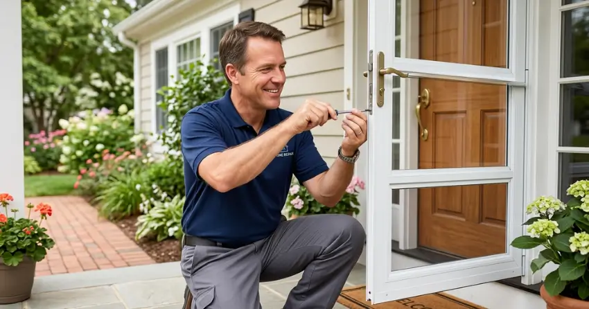 technician adjusting storm door hinge and closer in Kalar, Niagara Falls